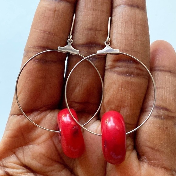 Coral Sterling Silver Dangle Hoop Earring - Picture 4 of 4